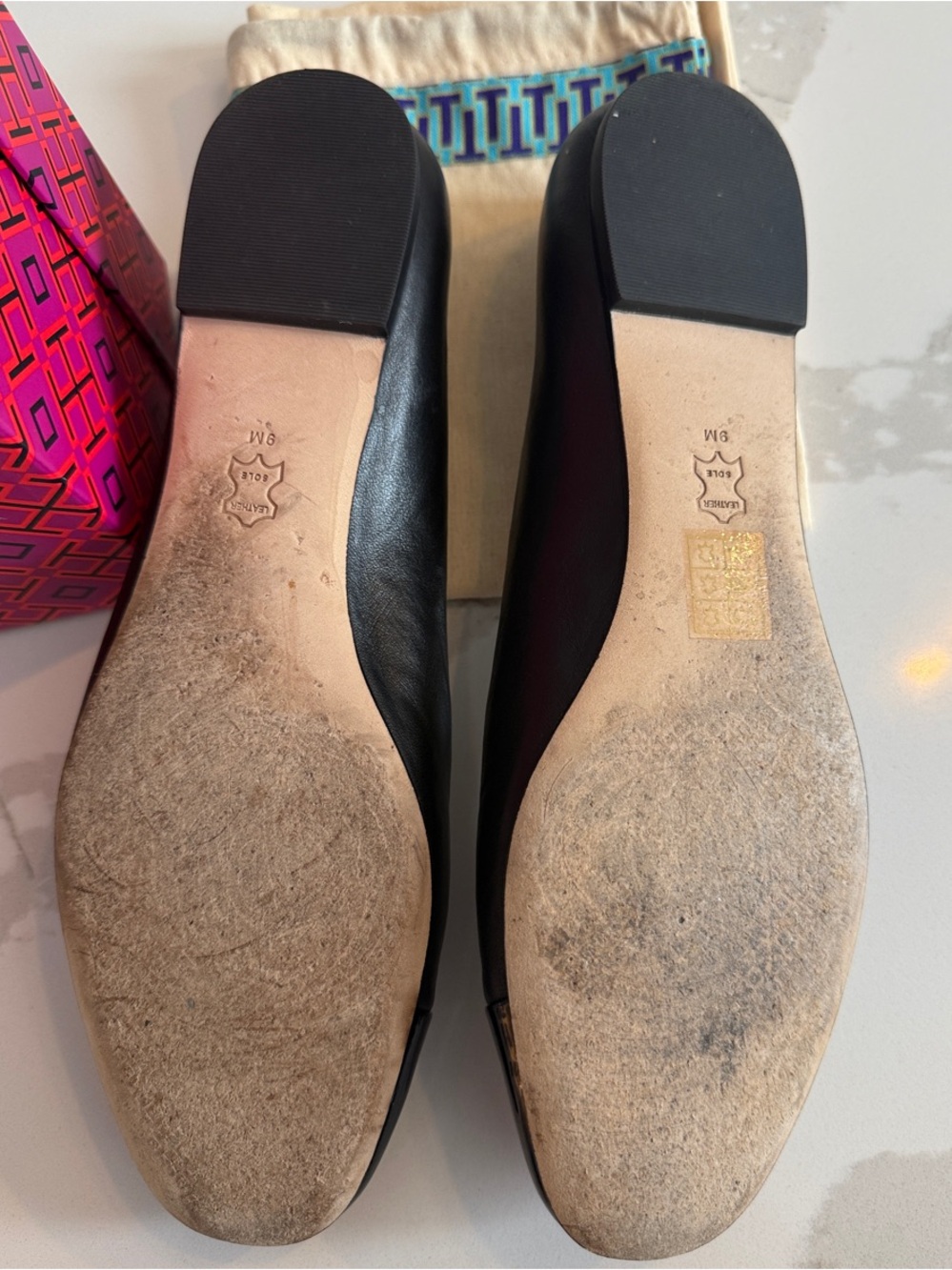 Tory Burch Black Patent Leather Flats with Gold Logo Medallions - Picture 4 of 7